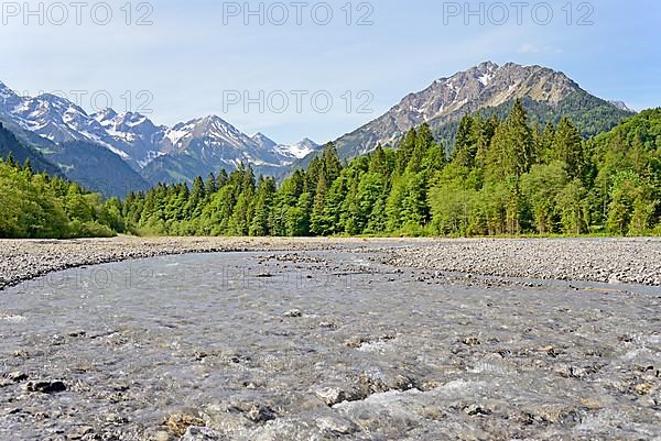 View of the Stillach river landscape and the mountains