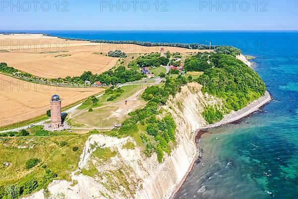 Aerial view of Cape Arkona on the island of Ruegen at the Baltic Sea with lighthouse and chalk cliffs in Cape Arkona