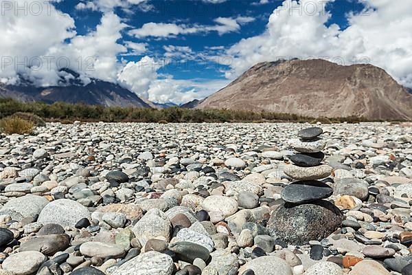 Zen balanced stones stack in Himalayas mountains. Nubra valley