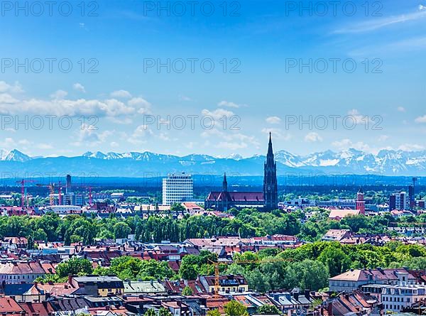 Aerial view of Munich with Bavarian Alps in background