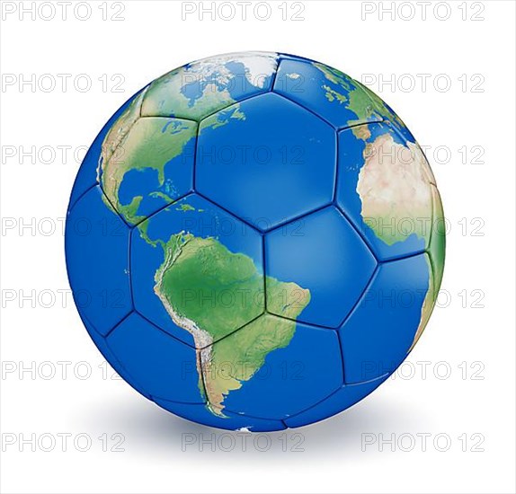 Soccer ball shaped earth world isolated on white background. Map used is from computer generated map from www. shadedrelief. com and is in public domain