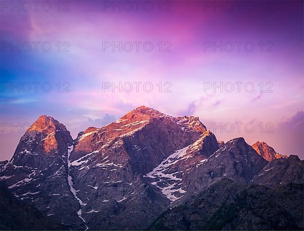 Sunset in Himalayas. Sangla valley