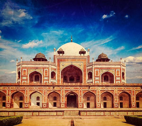 Vintage retro hipster style travel image of Humayun Tomb marble mausoleum