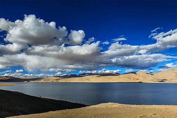 Himalayan mountain lake in Himalayas Tso Moriri on sunset