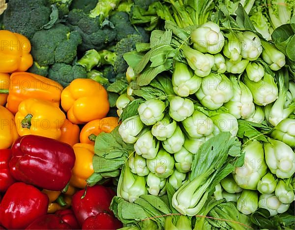 Vegetables in Asian market close up bell peppers