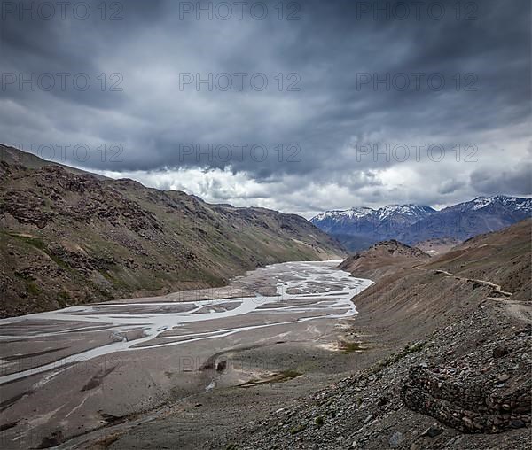 View of Spiti valley and Spiti river in Himalayas. Spiti valley