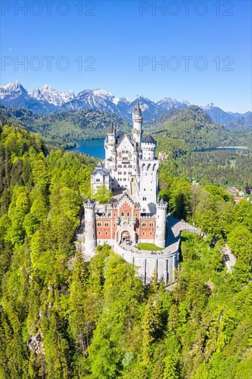 Neuschwanstein Castle Aerial View with Alps Landscape Travel Bavaria in Fuessen
