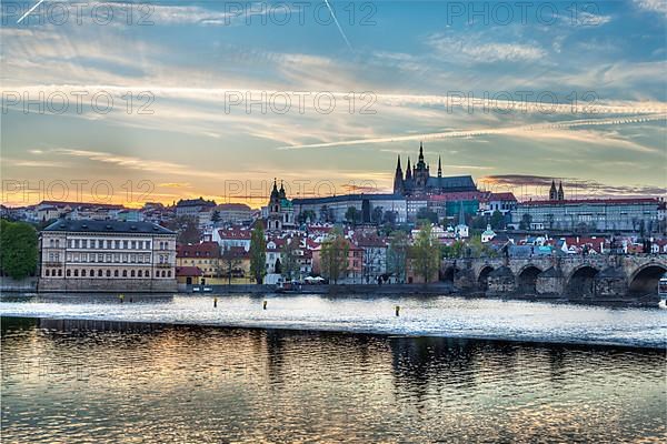 HDR image of view of Charles bridge over Vltava river and Gradchany