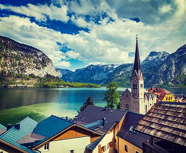 Vintage retro effect filtered hipster style travel image of Austrian tourist destination Hallstatt village on Hallstatter See in Austrian alps. Salzkammergut region