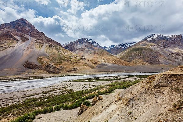 View of Spiti valley and Spiti river in Himalayas. Spiti valley