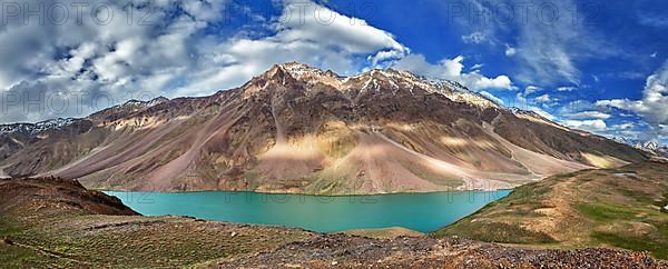 Panorama of mountain lake Chandra Tal in Himalayas. Himachal Pradesh