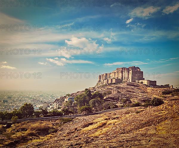 Vintage retro hipster style travel image of Mehrangarh Fort