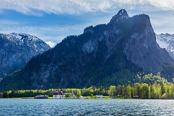 Koningsee lake and St. Bartholomew's Church in Bavarian Alps