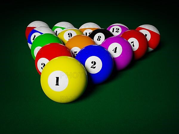 Billiards pool balls on pool table racked