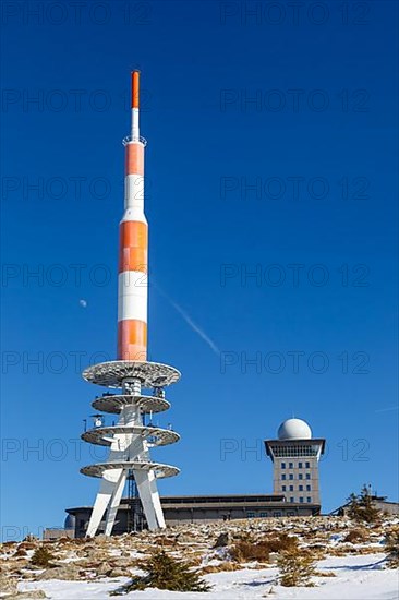 Summit of the Brocken mountain in the Harz mountains with snow in winter at the Brocken