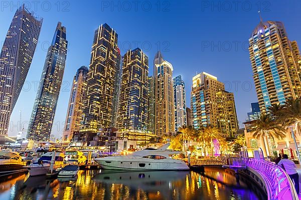 Dubai Marina Yacht Harbour Skyline Architecture Vacation by Night Panorama in Dubai