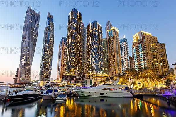 Dubai Marina Yacht Harbour Skyline Architecture Vacation by Night Panorama in Dubai
