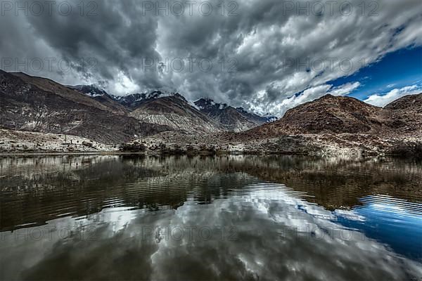 Sacred mountain lake Lohan Tso in Himalayas. Nubra valley