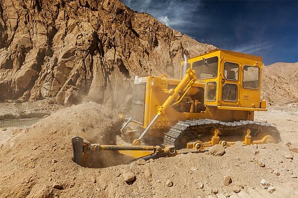 Bulldozer doing road construction in Himalayas. Ladakh