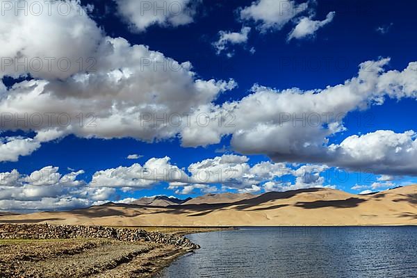 Himalayan mountain lake in Himalayas Tso Moriri on sunset