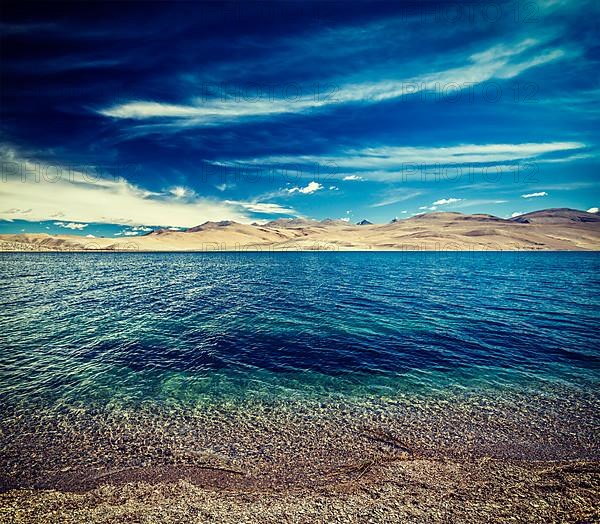 Vintage retro effect filtered hipster style travel image of Tso Moriri lake in Himalayas