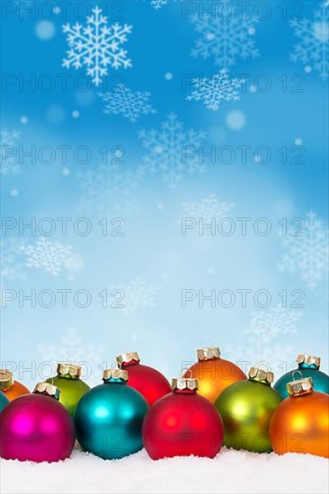 Christmas Many Colourful Christmas Balls Christmas Card Card Text Free Space Copyspace Decoration Snowflakes Snow Winter Copy Space