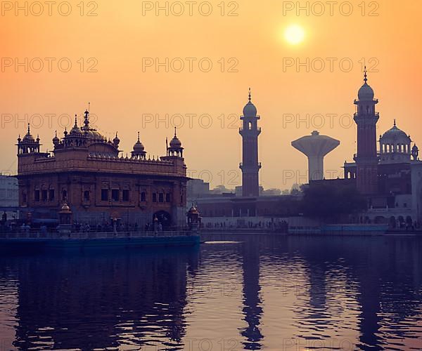 Vintage retro hipster style travel image of Sikh gurdwara Golden Temple