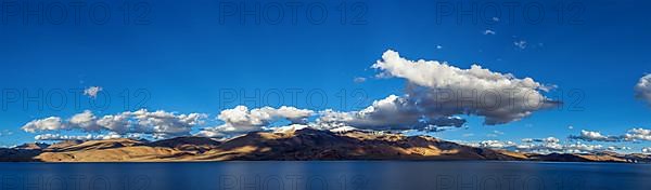 Panorama of Himalayan lake Tso Moriri in Himalayas on sunset