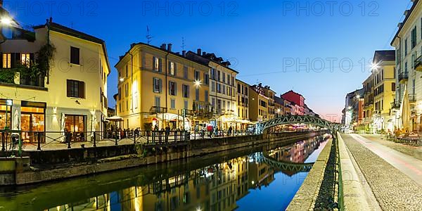 Navigli Milano restaurant and bar quarter holiday travel city blue hour panorama in Milan