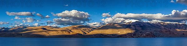 Panorama of Himalayan lake Tso Moriri in Himalayas on sunset