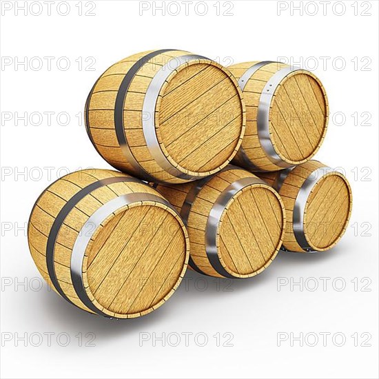 Wooden oak brandy wine beer barrels isolated on white background