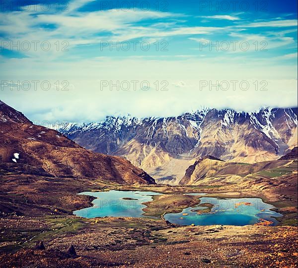 Vintage retro effect filtered hipster style travel image of mountain lakes in Spiti Valley in Himalayas. Himachal Pradesh