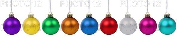 Christmas colourful Christmas baubles ball colours in a row clipping against a white background