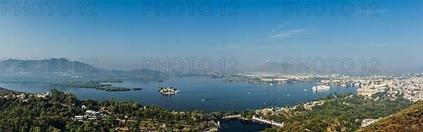 Aerial panorama of Lake Pichola and Udaipur with City palace