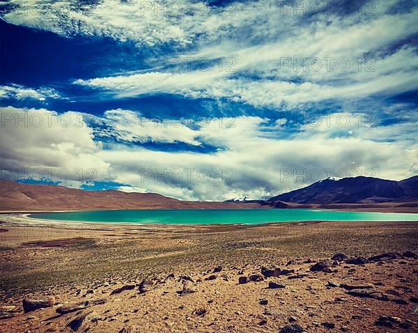 Vintage retro effect filtered hipster style travel image of Himalayan lake Kyagar Tso