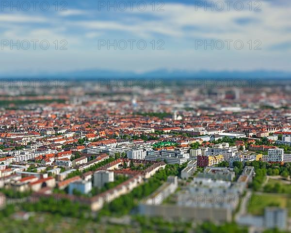 Aerial view of Munich from Olympiaturm Olympic Tower. Munich