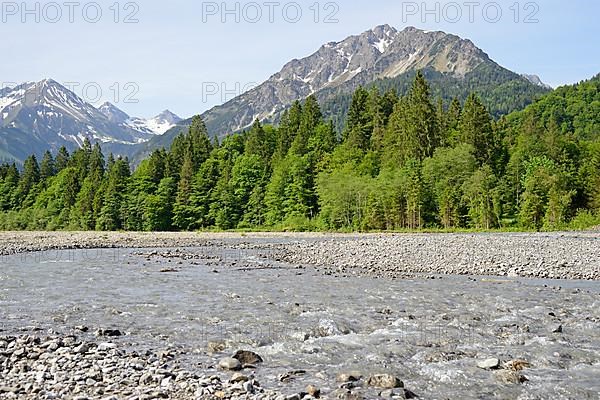 View of the Stillach river landscape and the mountains