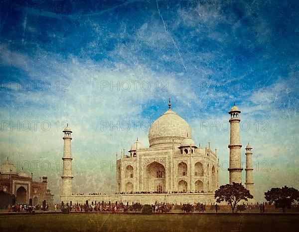 Vintage retro hipster style travel image of Taj Mahal. Indian Symbol