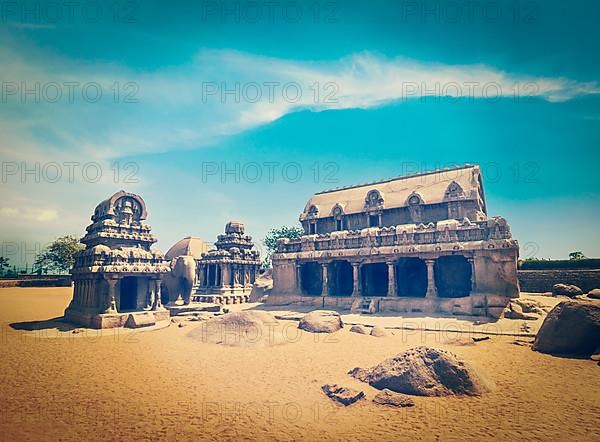 Vintage retro hipster style travel image of Five Rathas