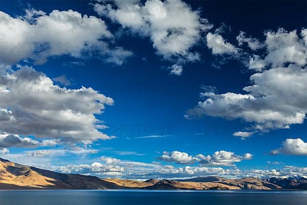 Himalayan mountain lake in Himalayas Tso Moriri on sunset