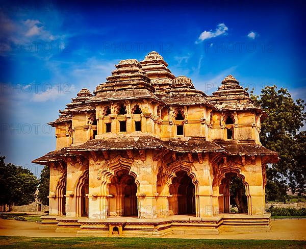 Vintage retro effect filtered hipster style travel image of Lotus Mahal palace ruins. Royal Centre. Hampi