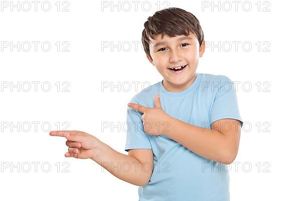 Child boy pointing with finger at advertisement isolated cropped in Stuttgart