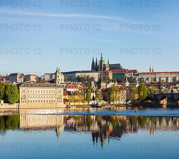 View of Mala Strana and Prague castle over Vltava river. Prague