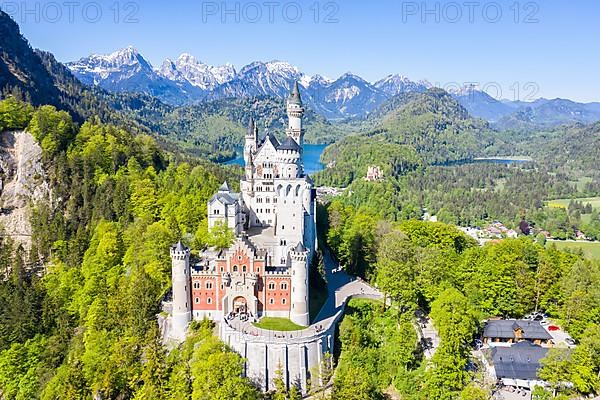 Neuschwanstein Castle Aerial View with Alps Landscape Travel Bavaria in Fuessen