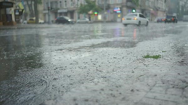 Raindrops fall on the road with cars driving in the background. Heavy torrential rain in the city