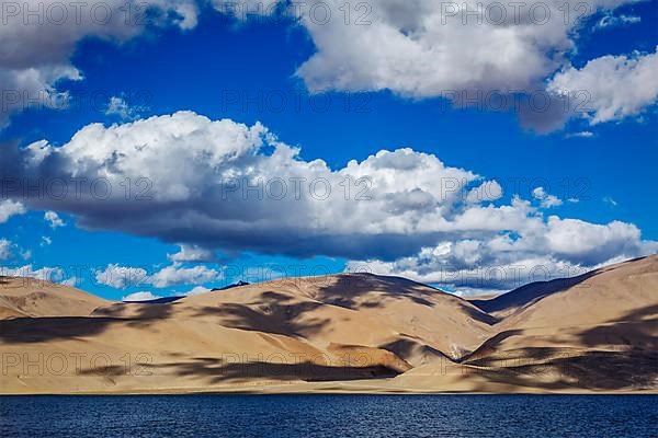 Himalayan mountain lake in Himalayas Tso Moriri on sunset