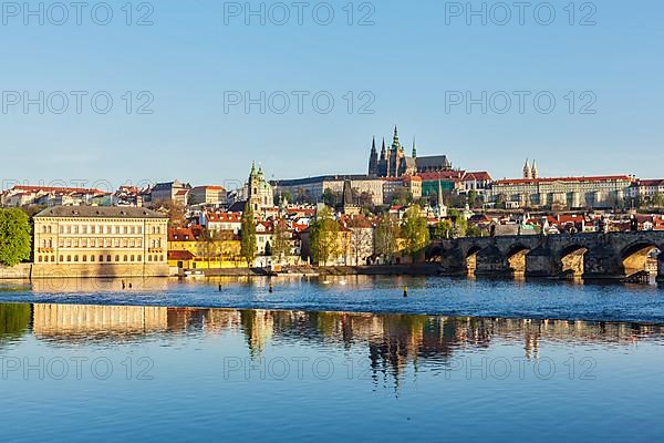 View of Mala Strana and Prague castle over Vltava river. Prague