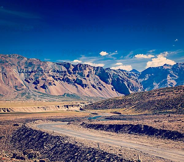 Vintage retro effect filtered hipster style travel image of Manali-Leh road to Ladakh in Indian Himalayas near Baralacha-La pass. Himachal Pradesh