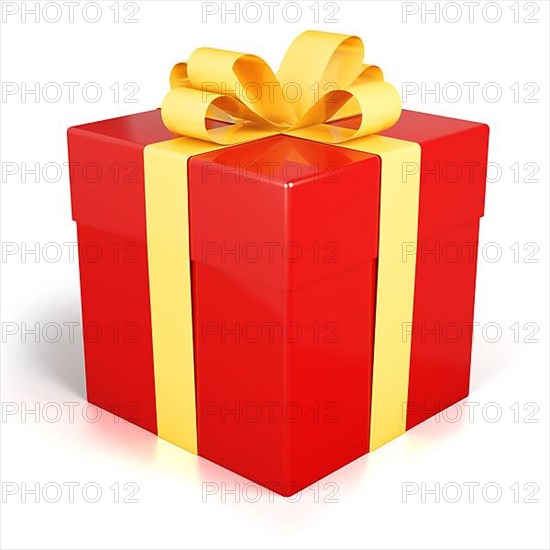 Red gift box present with golden ribbon isolated on white background with reflection