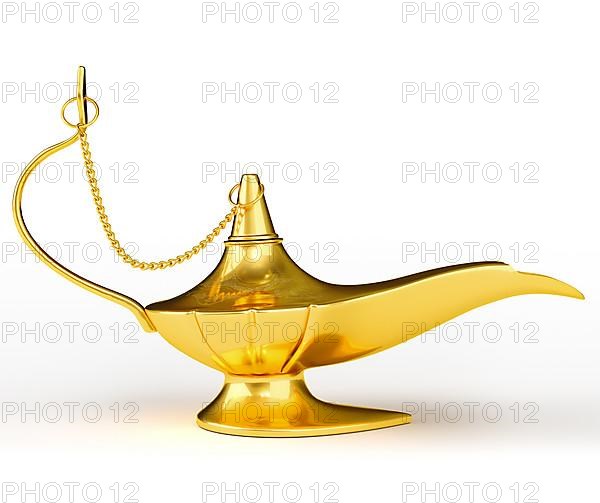 Golden Aladdin magic genie lamp isolated on white